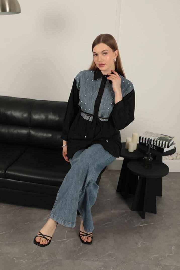 Poplin Kumaş Önü İnci Detaylı Siyah Kadın Gömlek - 1