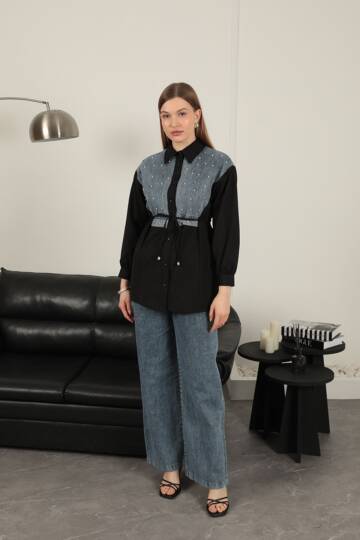 Poplin Kumaş Önü İnci Detaylı Siyah Kadın Gömlek - 2