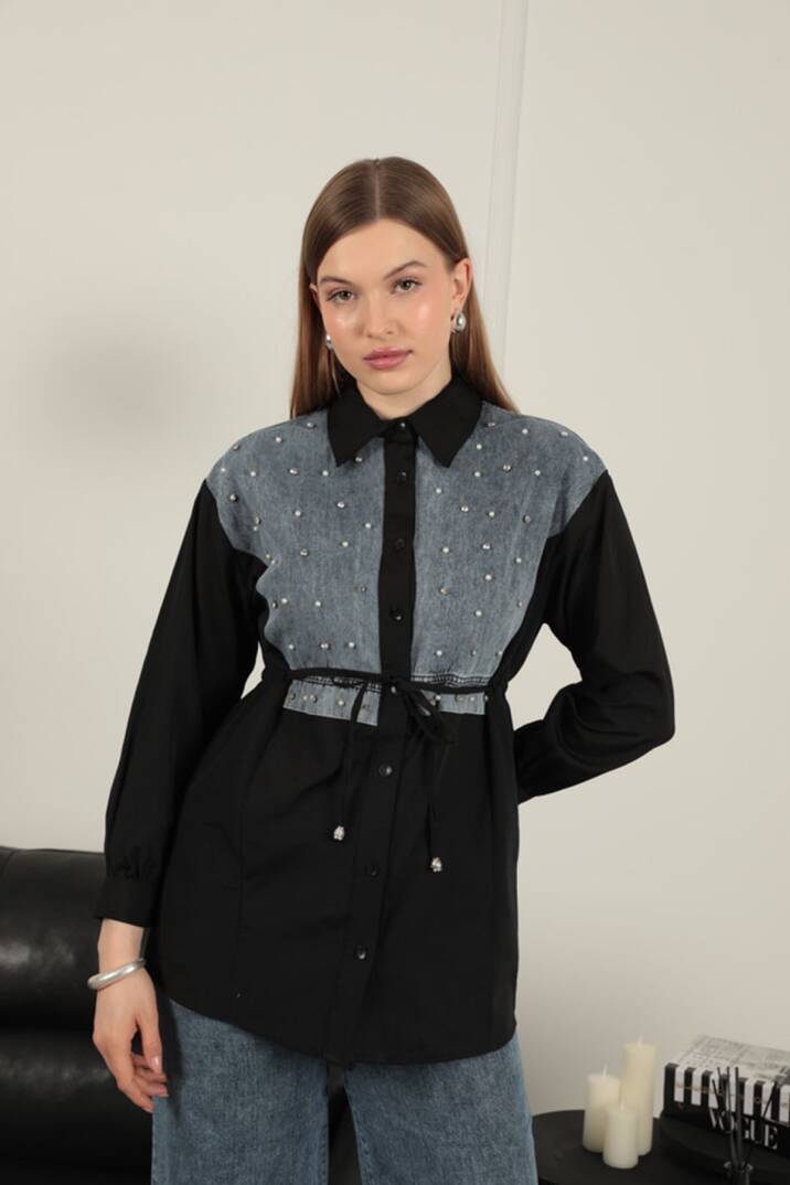Poplin Kumaş Önü İnci Detaylı Siyah Kadın Gömlek - 3