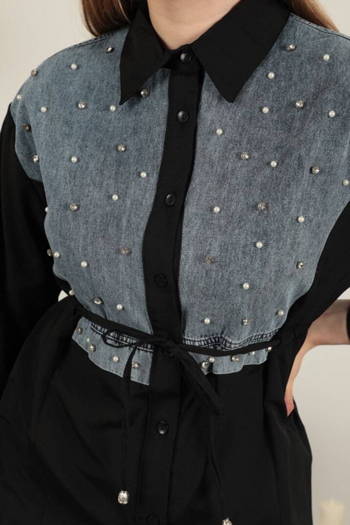 Poplin Kumaş Önü İnci Detaylı Siyah Kadın Gömlek - 4