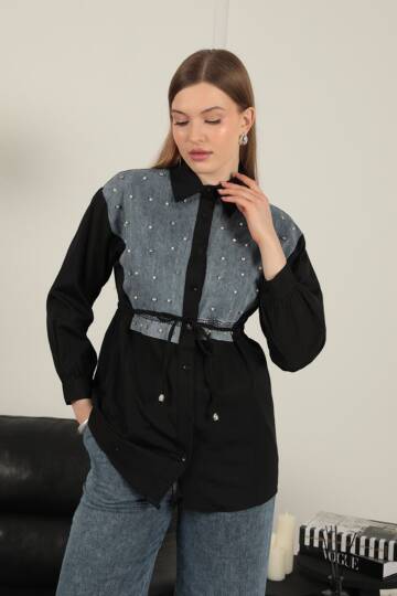 Poplin Kumaş Önü İnci Detaylı Siyah Kadın Gömlek - 5