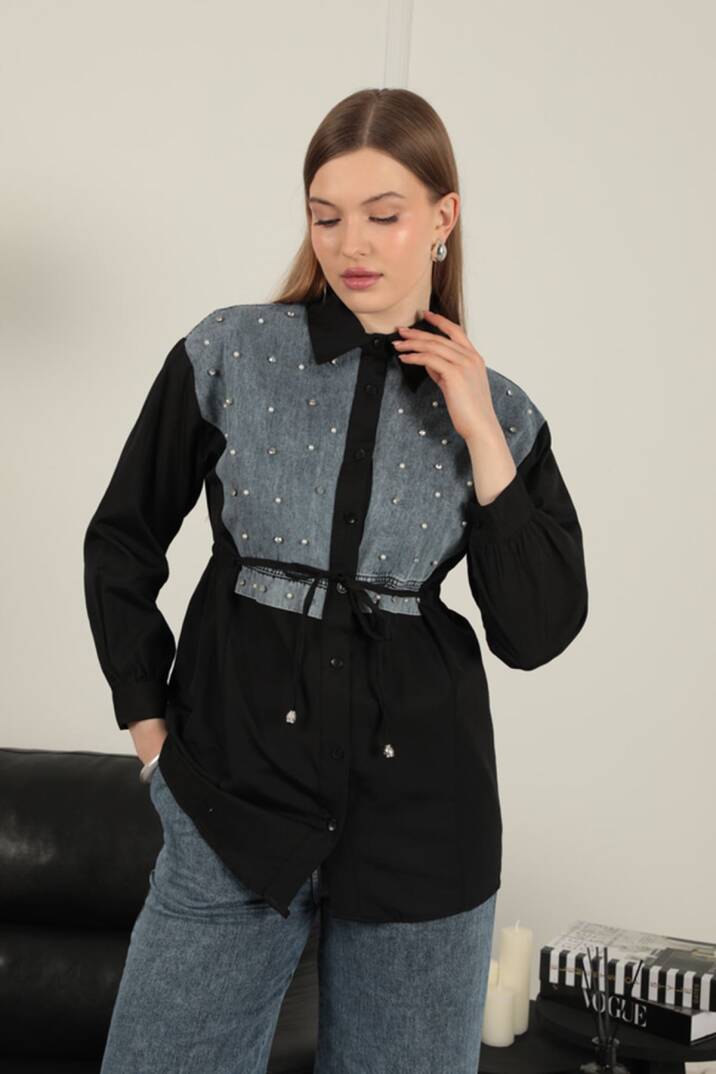 Poplin Kumaş Önü İnci Detaylı Siyah Kadın Gömlek - 5