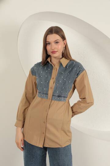 Poplin Kumaş Önü İnci Detaylı Taba Kadın Gömlek - 2