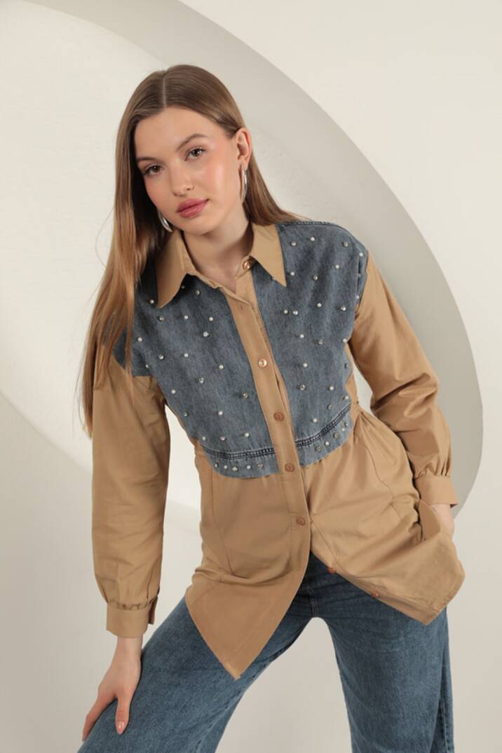 Poplin Kumaş Önü İnci Detaylı Taba Kadın Gömlek - 3