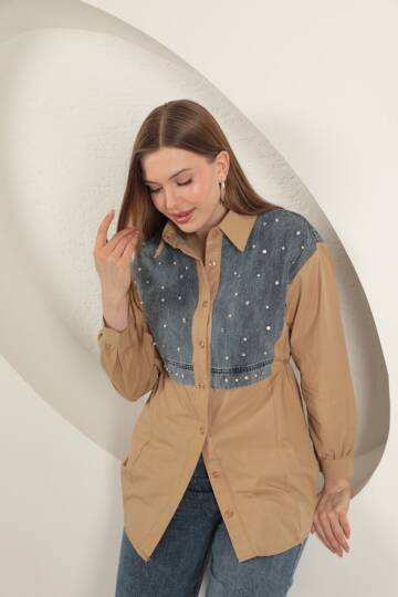 Poplin Kumaş Önü İnci Detaylı Taba Kadın Gömlek - 4