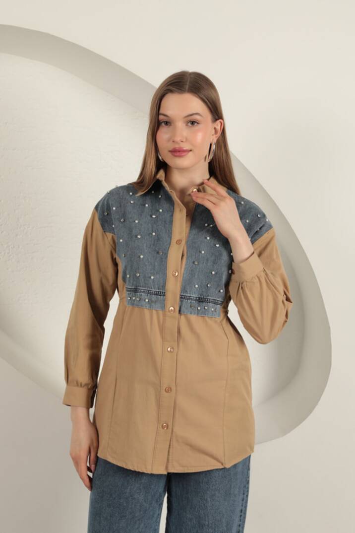 Poplin Kumaş Önü İnci Detaylı Taba Kadın Gömlek - 5