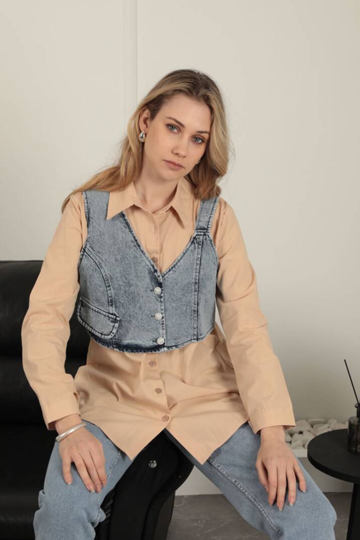 Poplin Kumaş Yelek Detaylı Bej Kadın Gömlek - 3