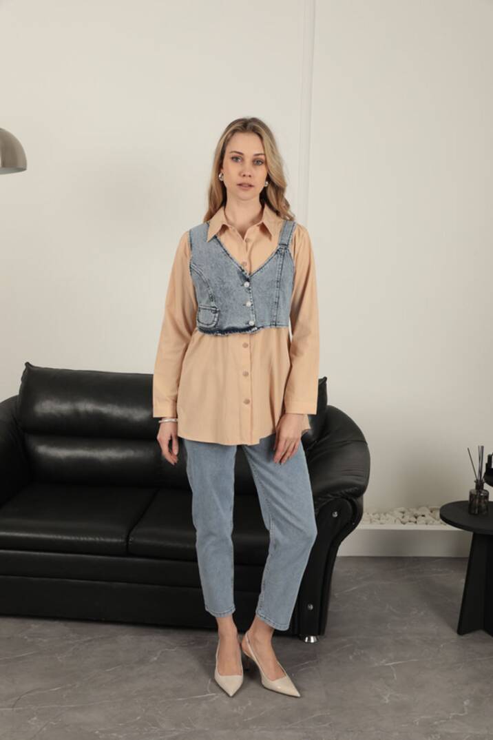 Poplin Kumaş Yelek Detaylı Bej Kadın Gömlek - 4