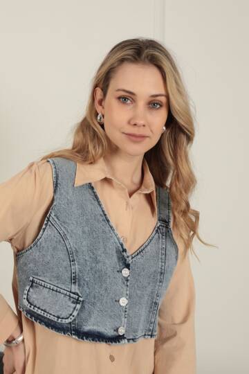 Poplin Kumaş Yelek Detaylı Bej Kadın Gömlek - 5