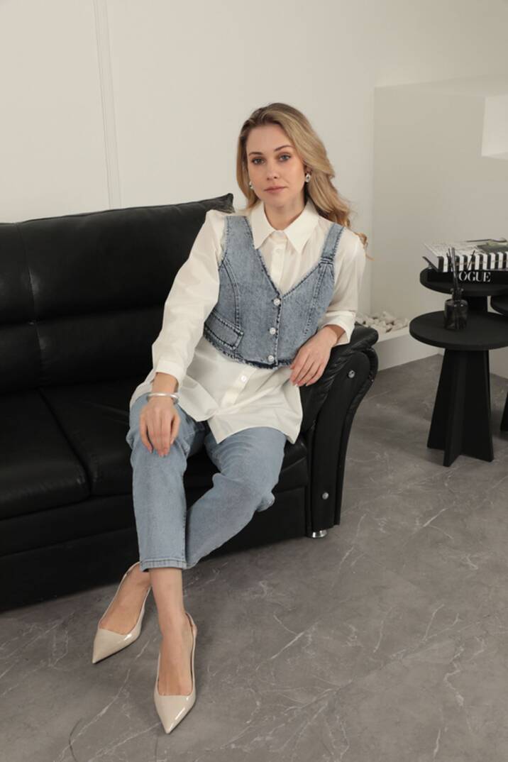 Poplin Kumaş Yelek Detaylı Ekru Kadın Gömlek - 1