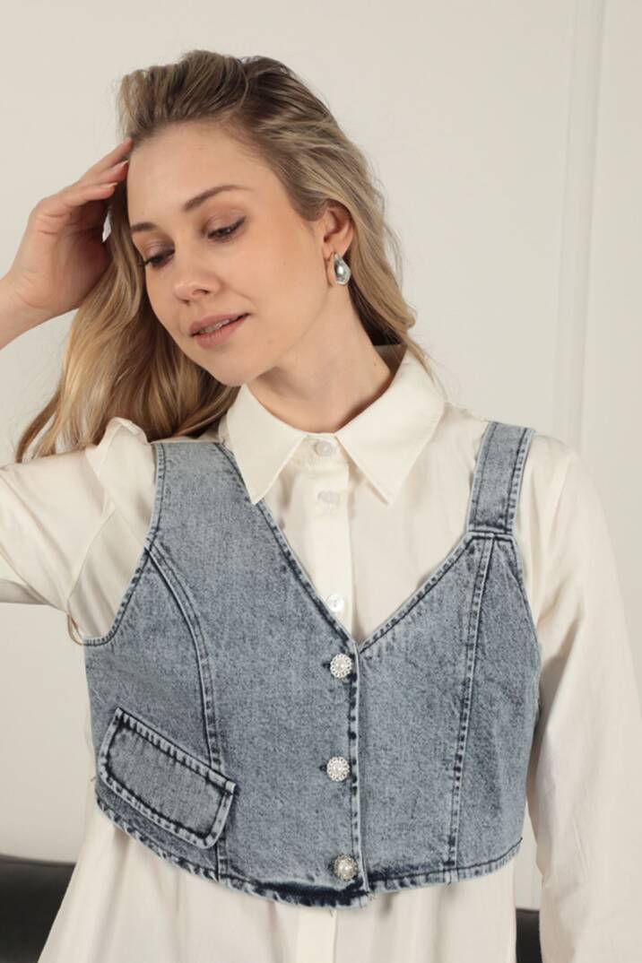 Poplin Kumaş Yelek Detaylı Ekru Kadın Gömlek - 3