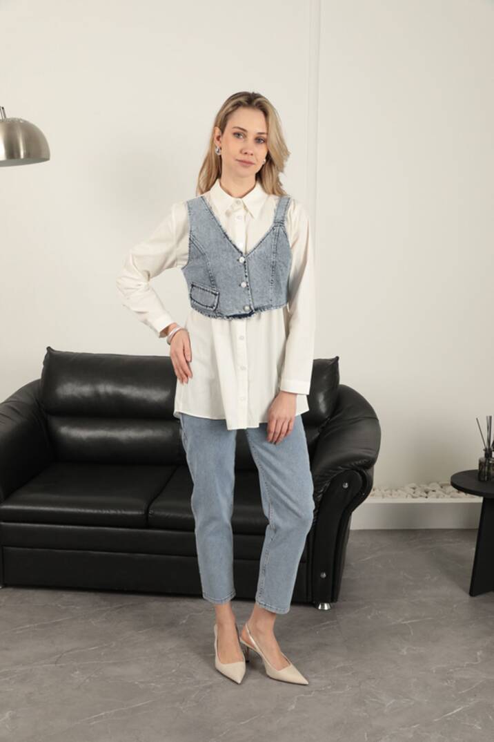 Poplin Kumaş Yelek Detaylı Ekru Kadın Gömlek - 4