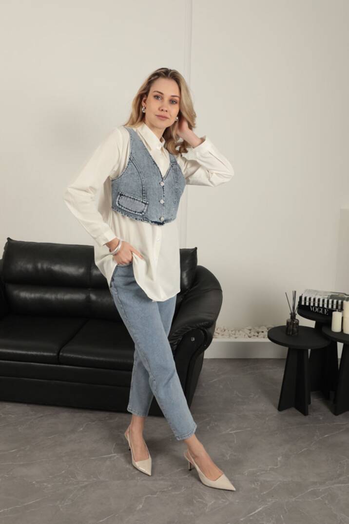 Poplin Kumaş Yelek Detaylı Ekru Kadın Gömlek - 5