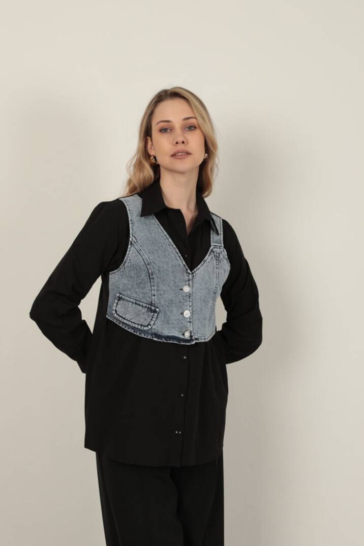 Poplin Kumaş Yelek Detaylı Siyah Kadın Gömlek - 4