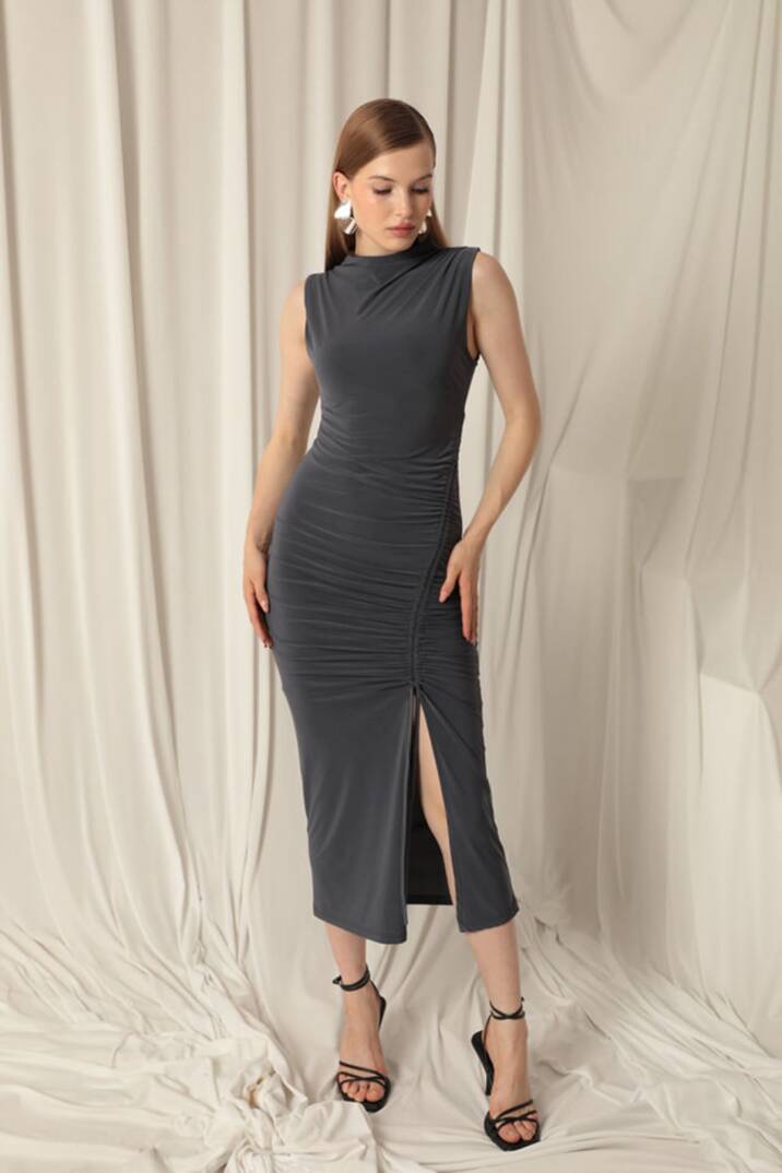 Sandy Kumaş Balıkçı Yaka Maxi Kadın Antrasit Elbise - 5