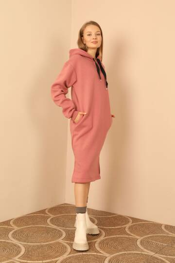 Şardonlu 3 İplik Kumaş Kapüşonlu Kadın Elbise-Gül Kurusu - 2