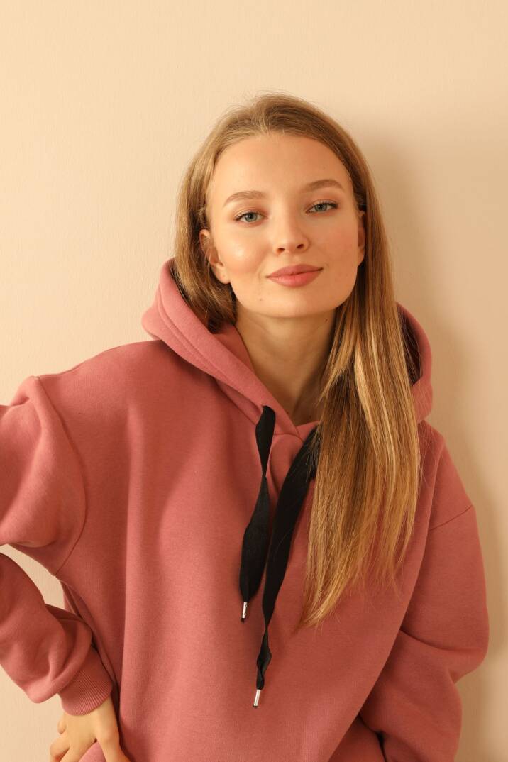 Şardonlu 3 İplik Kumaş Kapüşonlu Kadın Elbise-Gül Kurusu - 4