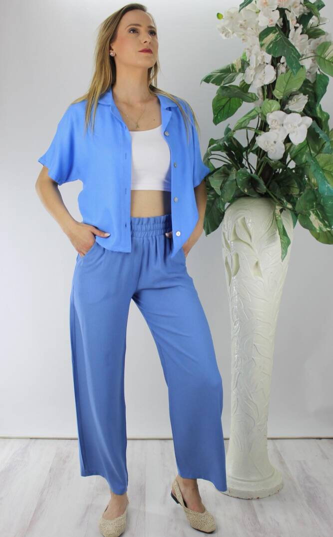 Sedef Düğmeli Krep Gömlek Mavi - 1288.65 - 3