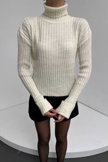 Şerit Desenli Dokulu Boğazlı Triko Kazak - 4