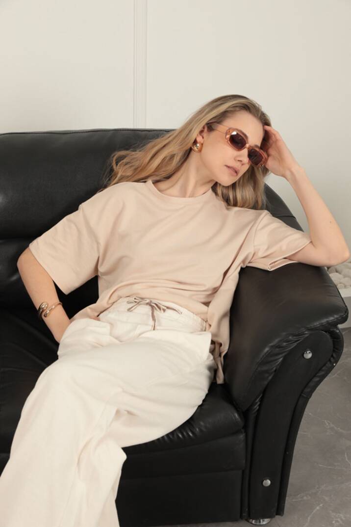 Sıfır Yaka Oversize İki İplik Tişört-Bej - 1