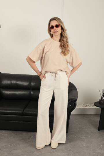 Sıfır Yaka Oversize İki İplik Tişört-Bej - 3