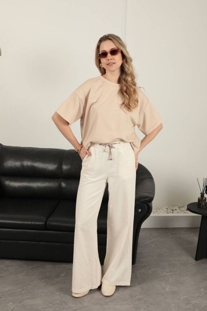 Sıfır Yaka Oversize İki İplik Tişört-Bej - 3