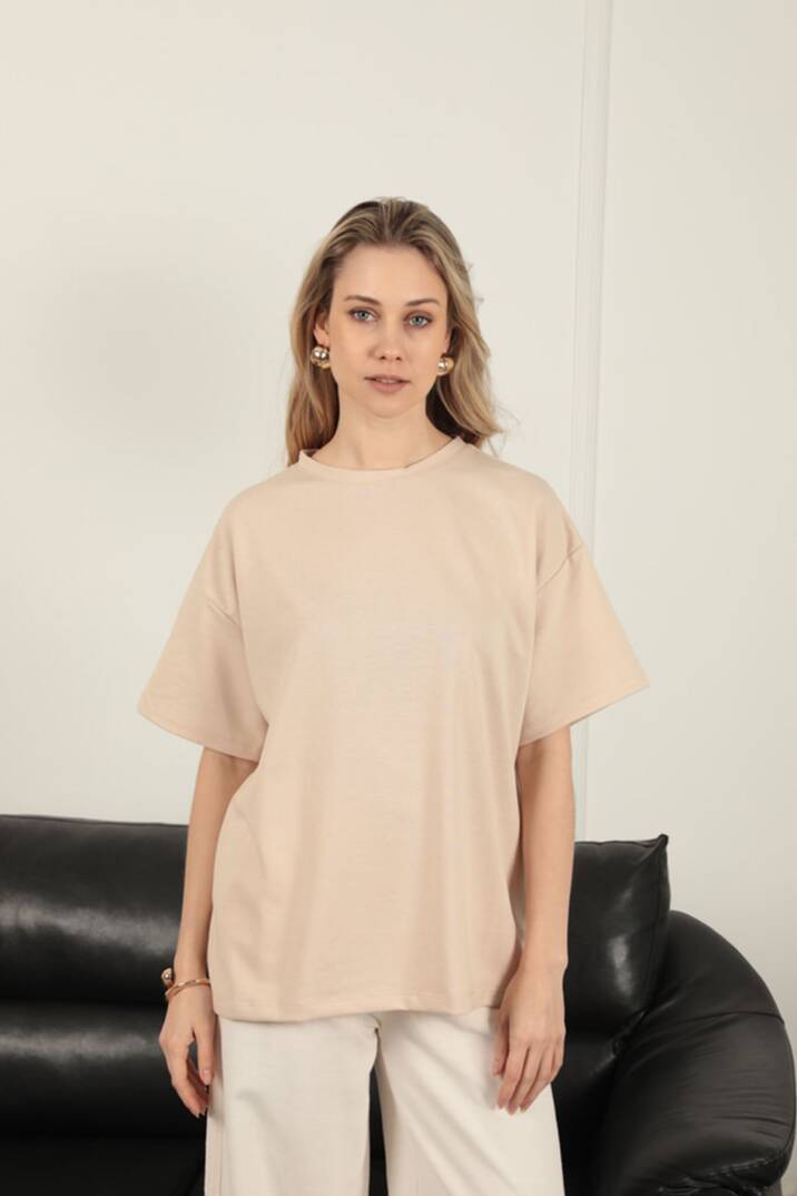 Sıfır Yaka Oversize İki İplik Tişört-Bej - 4