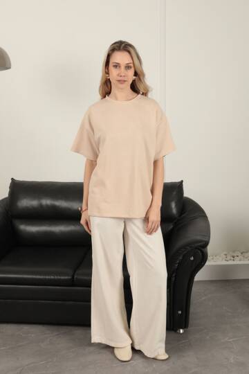 Sıfır Yaka Oversize İki İplik Tişört-Bej - 5