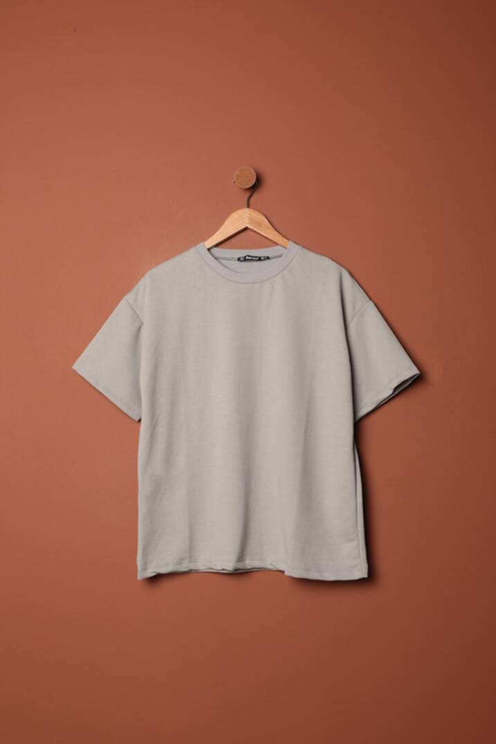 Sıfır Yaka Oversize İki İplik Tişört-Gri - 1
