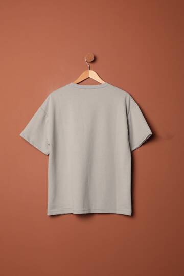 Sıfır Yaka Oversize İki İplik Tişört-Gri - 3