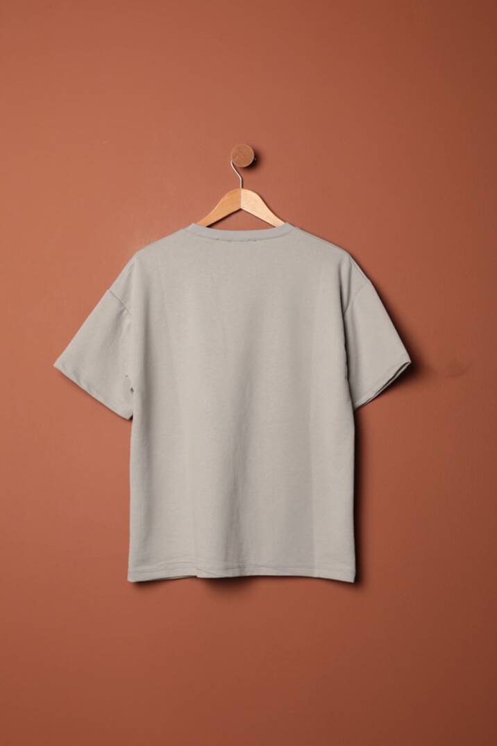 Sıfır Yaka Oversize İki İplik Tişört-Gri - 3