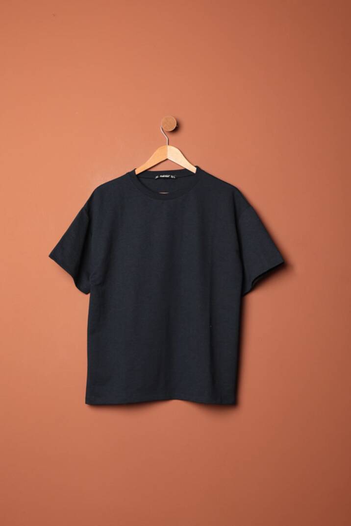 Sıfır Yaka Oversize İki İplik Tişört-Lacivert - 1