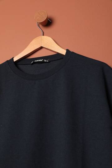 Sıfır Yaka Oversize İki İplik Tişört-Lacivert - 2