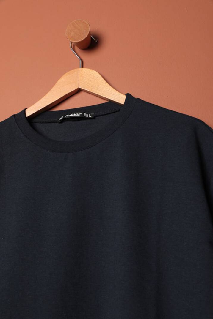 Sıfır Yaka Oversize İki İplik Tişört-Lacivert - 2