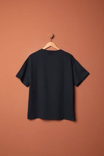 Sıfır Yaka Oversize İki İplik Tişört-Lacivert - 3