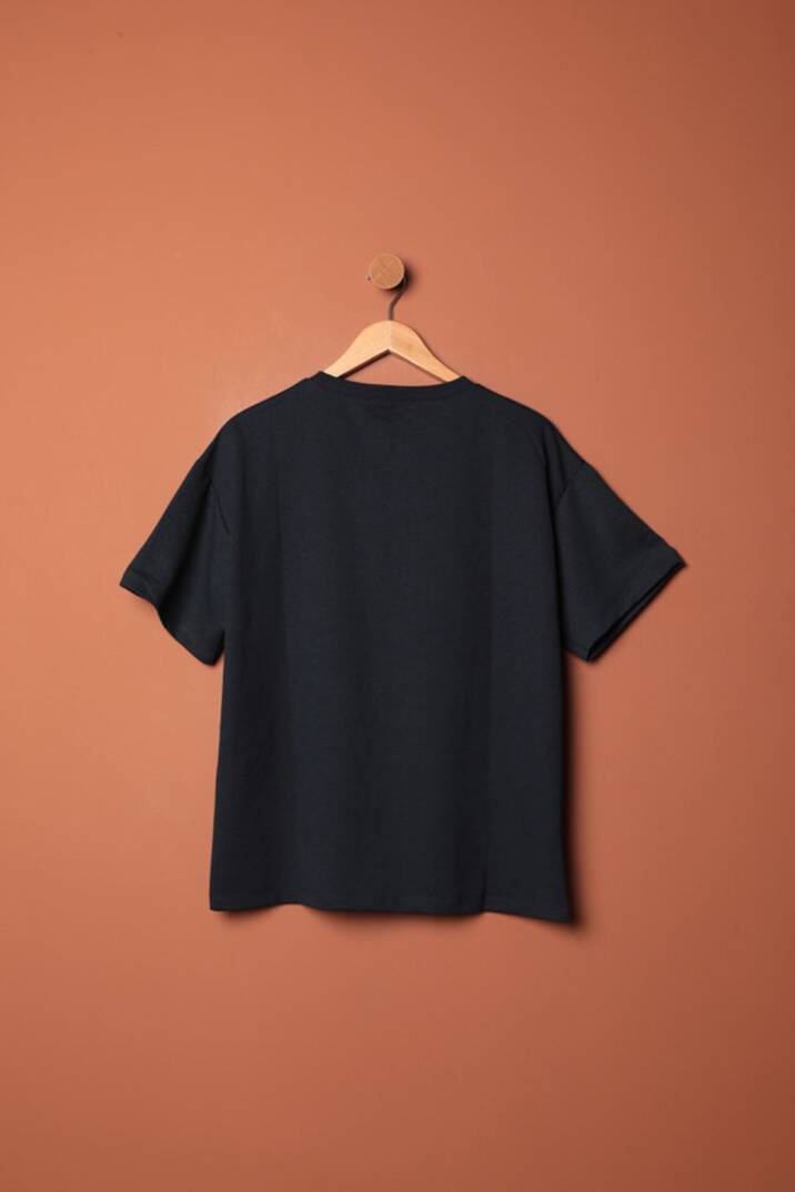 Sıfır Yaka Oversize İki İplik Tişört-Lacivert - 3