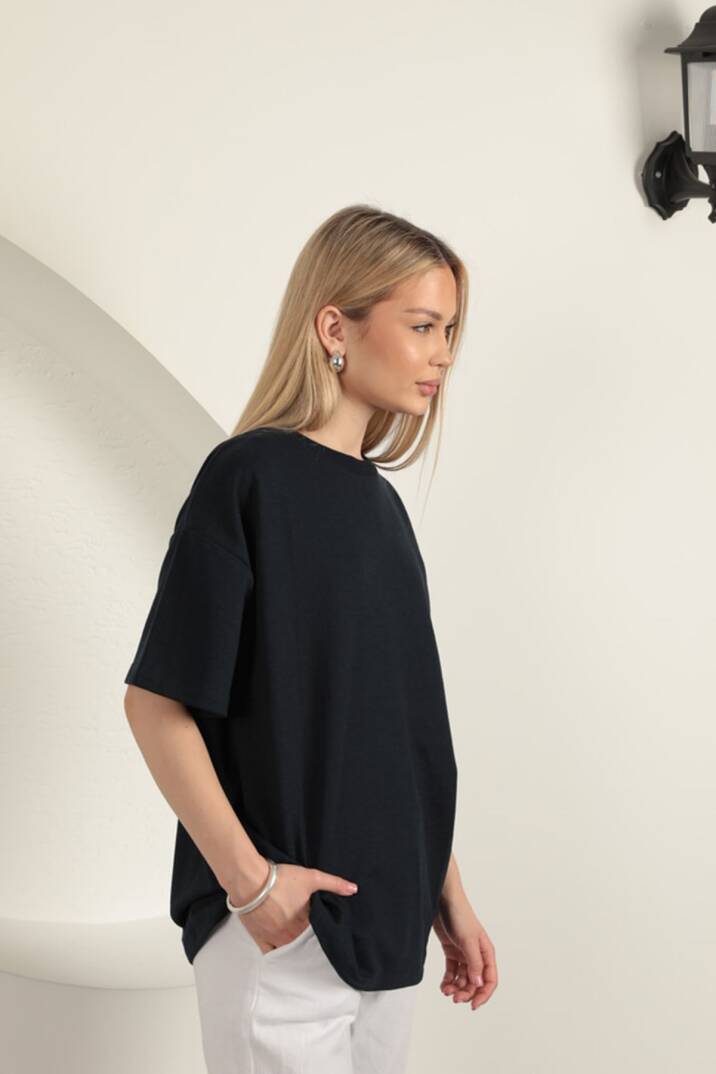 Sıfır Yaka Oversize İki İplik Tişört-Lacivert - 4