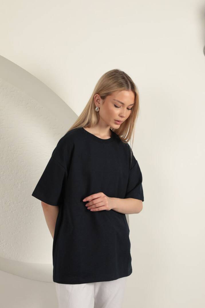 Sıfır Yaka Oversize İki İplik Tişört-Lacivert - 5