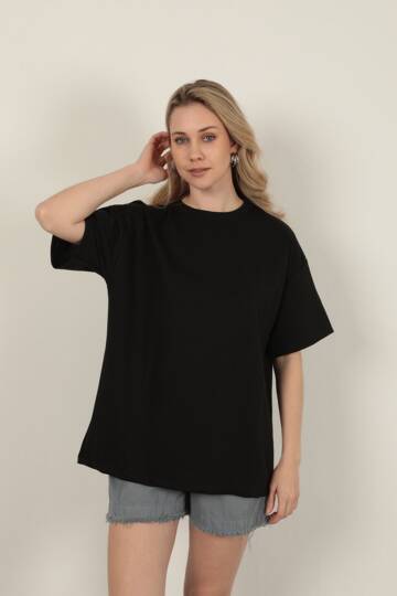 Sıfır Yaka Oversize İki İplik Tişört-Siyah - 3