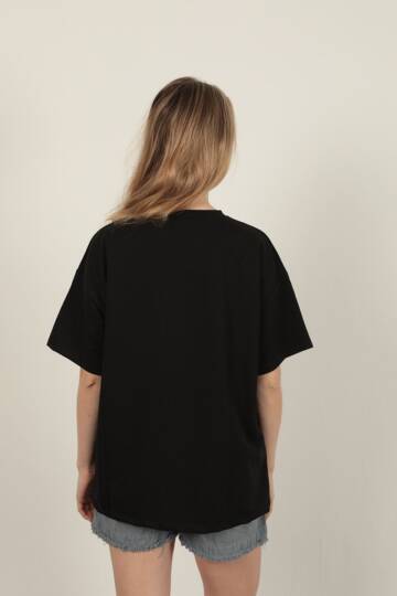 Sıfır Yaka Oversize İki İplik Tişört-Siyah - 5
