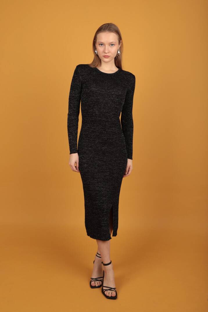 Simli Triko Kadın Elbise-Siyah - 4