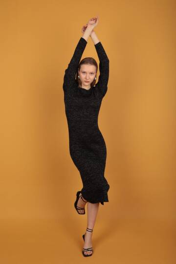 Simli Triko Kadın Elbise-Siyah - 5