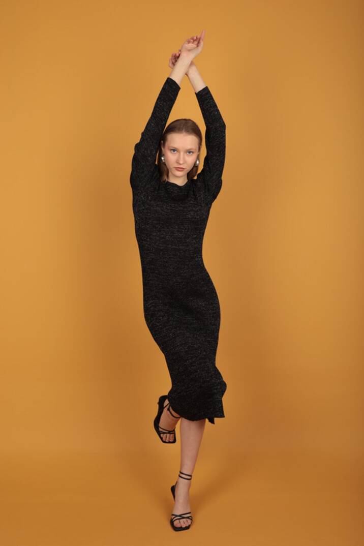 Simli Triko Kadın Elbise-Siyah - 5