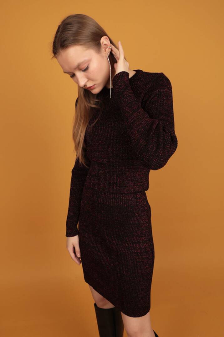 Simli Triko Kadın Etek-Kırmızı - 2