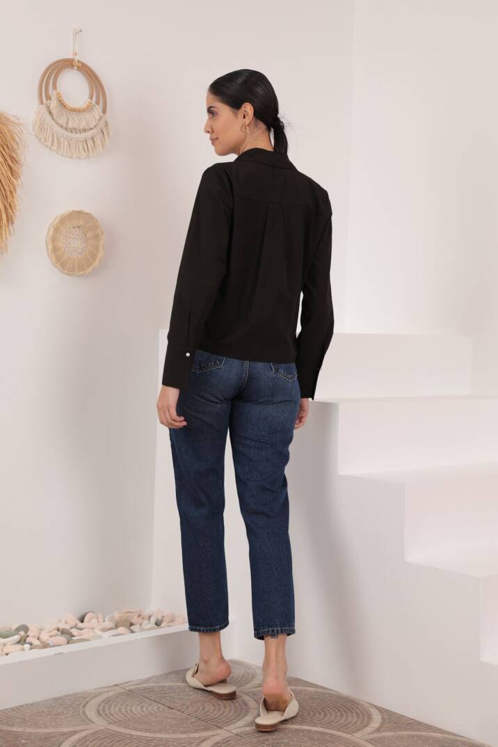 Soft Kumaş Crop Kadın İnci Düğme Detay Gömlek-Acı Kahve - 2