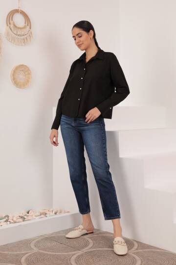 Soft Kumaş Crop Kadın İnci Düğme Detay Gömlek-Acı Kahve - 4