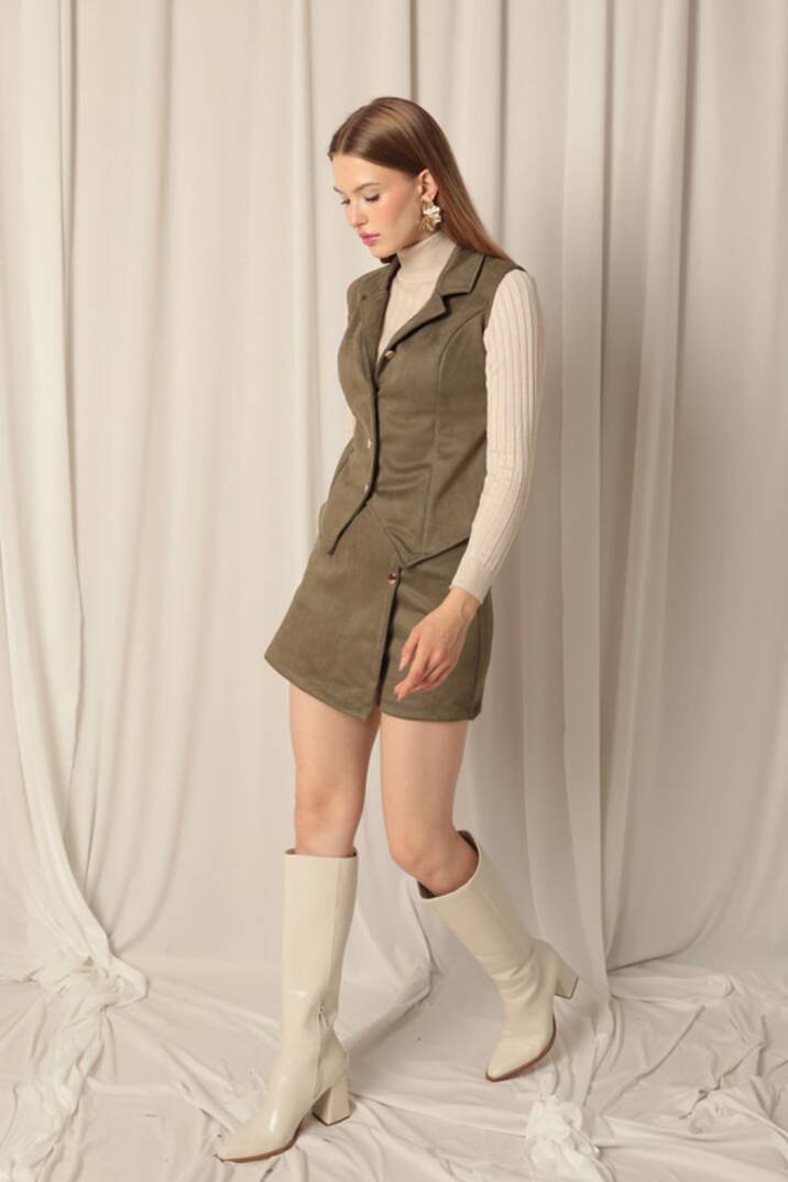 Süet Kumaş Haki Şort Etek - 5
