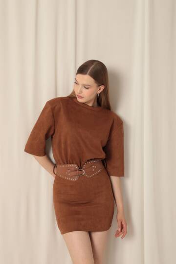 Süet Kumaş Kemerli Kahve Elbise - 2