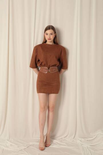 Süet Kumaş Kemerli Kahve Elbise - 3