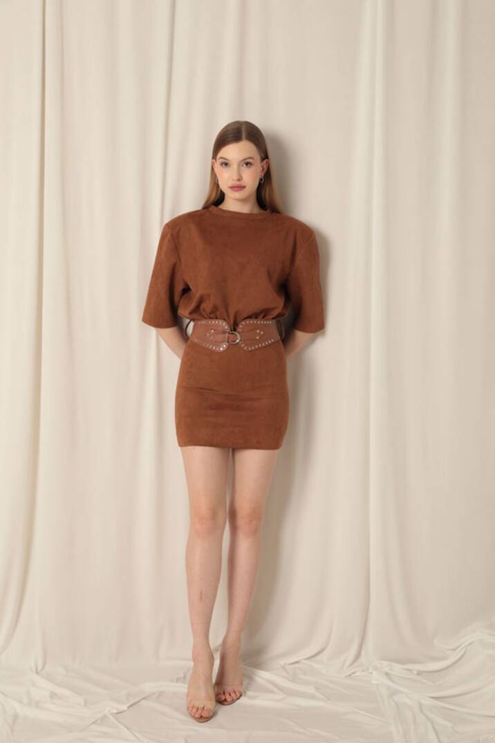 Süet Kumaş Kemerli Kahve Elbise - 3